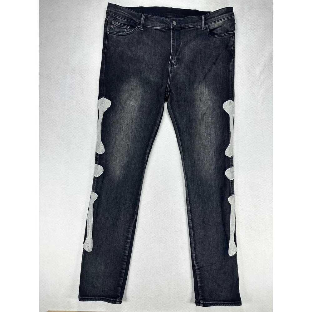 MNML Skeleton Bone Patch Jeans Faded Black Slim Fit Denim Size 42 Streetwear